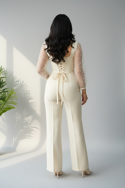 Conjunto Crema Corset con Mangas Tul de Perlas y Pantalón Acampanado cod.654