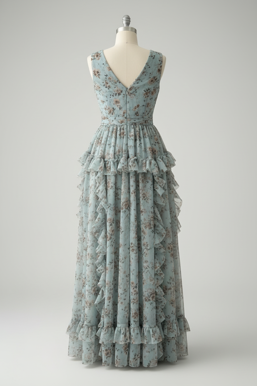 Vestido Verde Agua Floral — Escote V, Volantes & Abertura cod.866