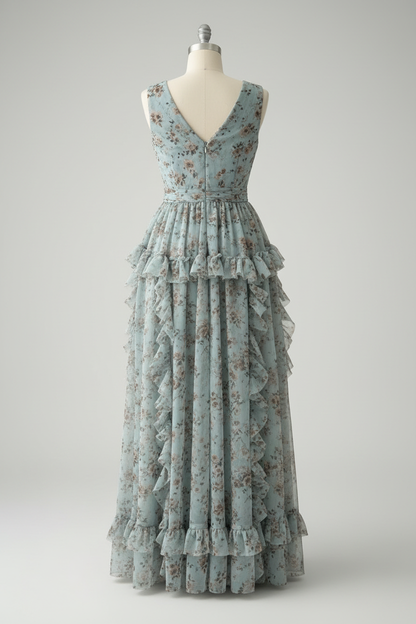 Vestido Verde Agua Floral — Escote V, Volantes & Abertura cod.866