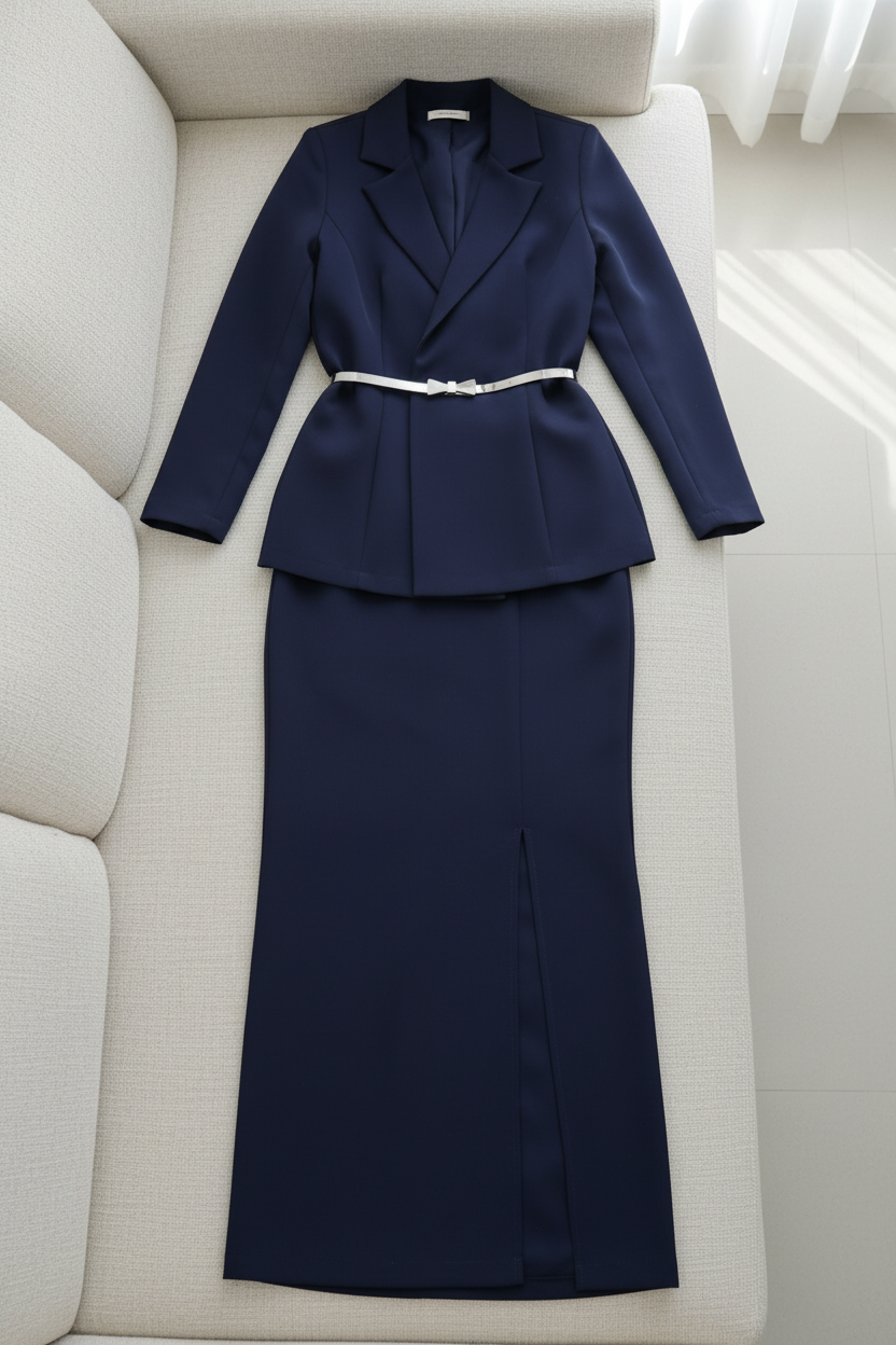 Conjunto Azul Marino Blazer Cruzado y Falda Maxi con Abertura cod.C372