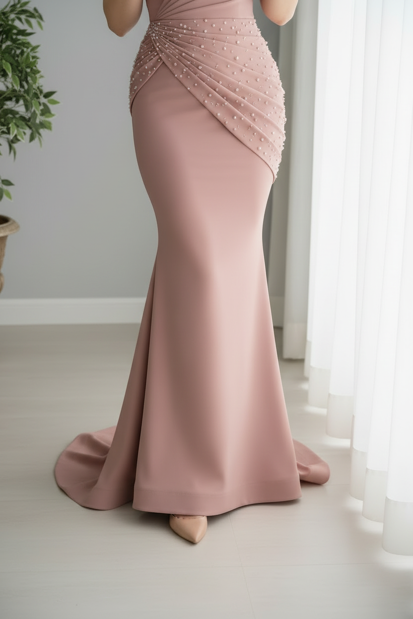 Vestido Rosa Palo Off-Shoulder Perlas Sirena cod.0022