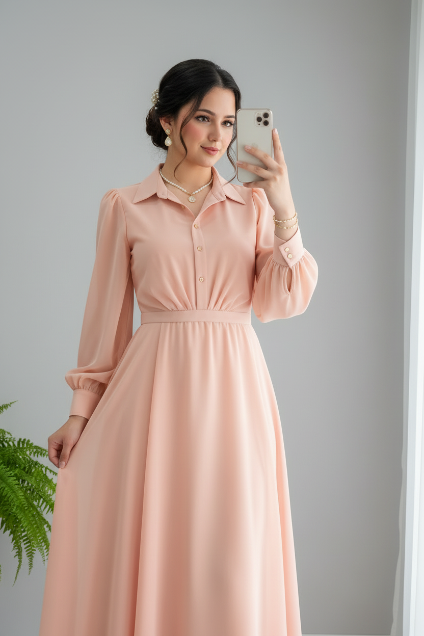 Vestido Peach Rosa Salmon Manga Abullonada Cuello Camisero Cintura Fruncida A-Line cod.829