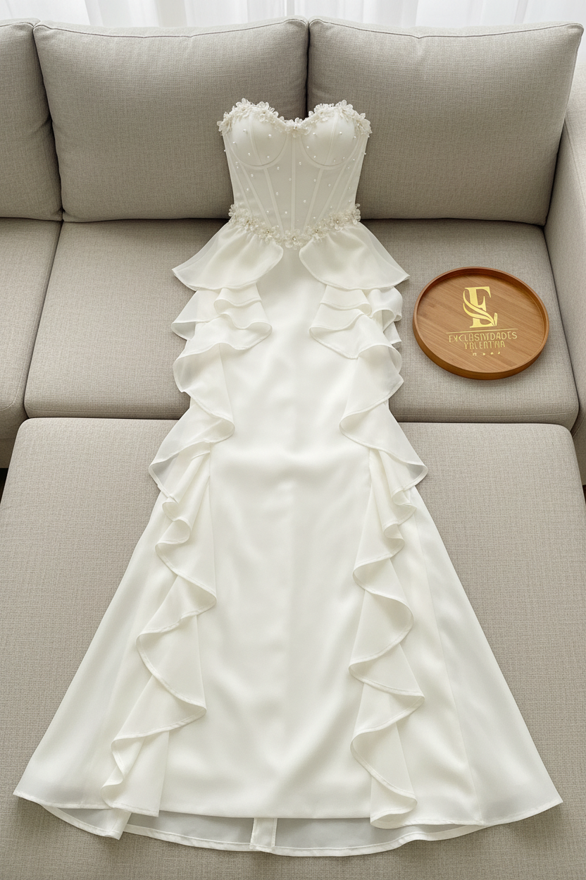 Vestido Ivory Strapless Corsé Perlas 3D Peplum con Falda Volantes Maxi cod.987