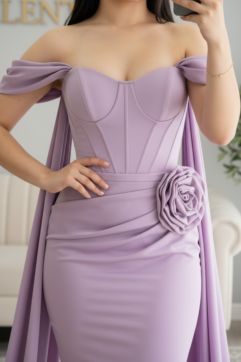 Vestido Lila — Off-Shoulder Corset con Rosa 3D y Capa cod.V628