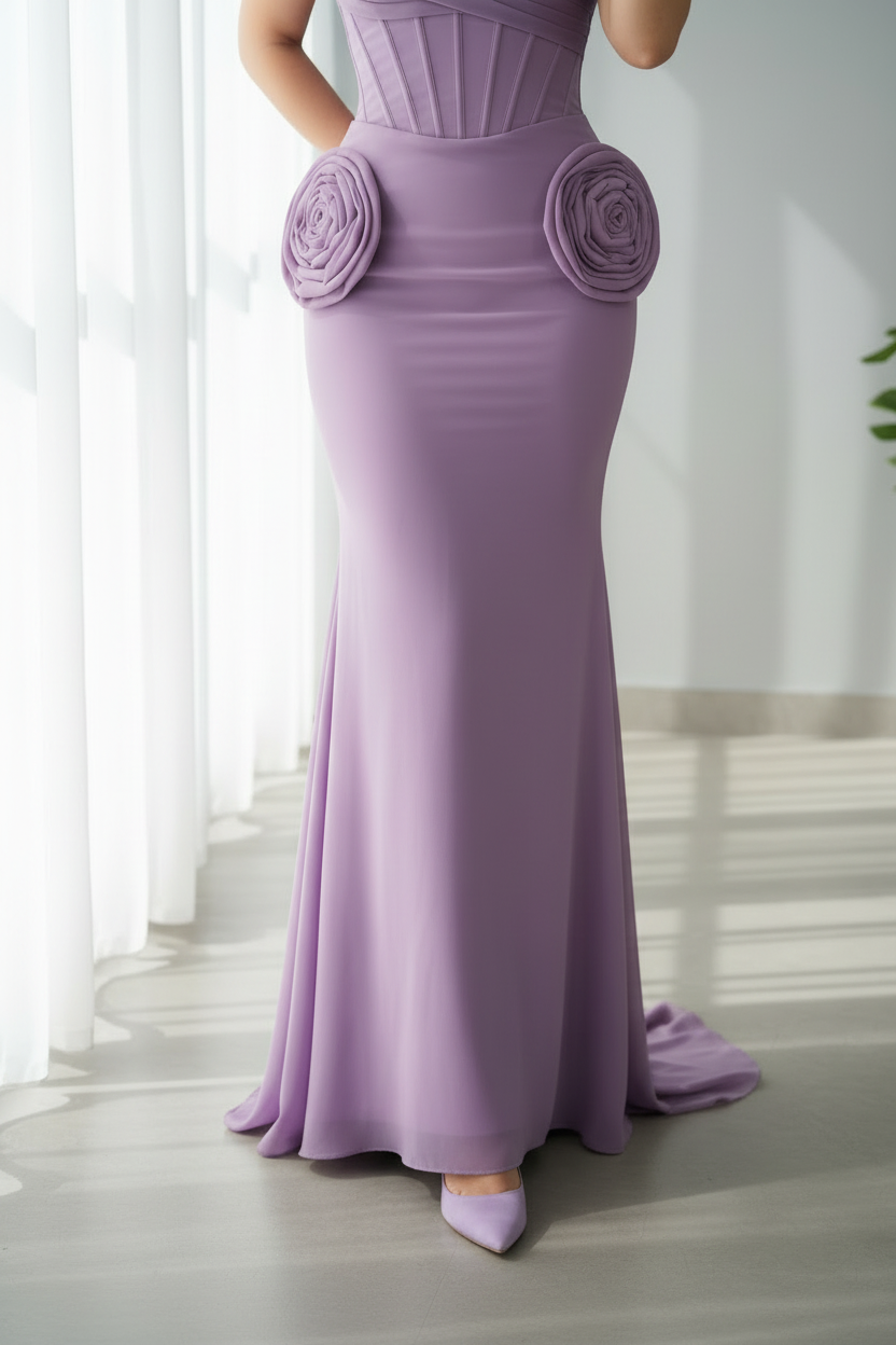 Vestido Lila Strapless Corset Rosas 3D Sirena Cola cod.V698