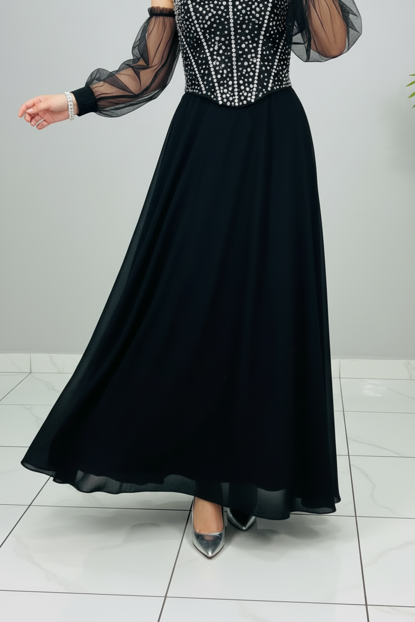 Vestido Formal Negro Off-Shoulder Corsé de Pedrería Plateada y Mangas de Tul cod.555