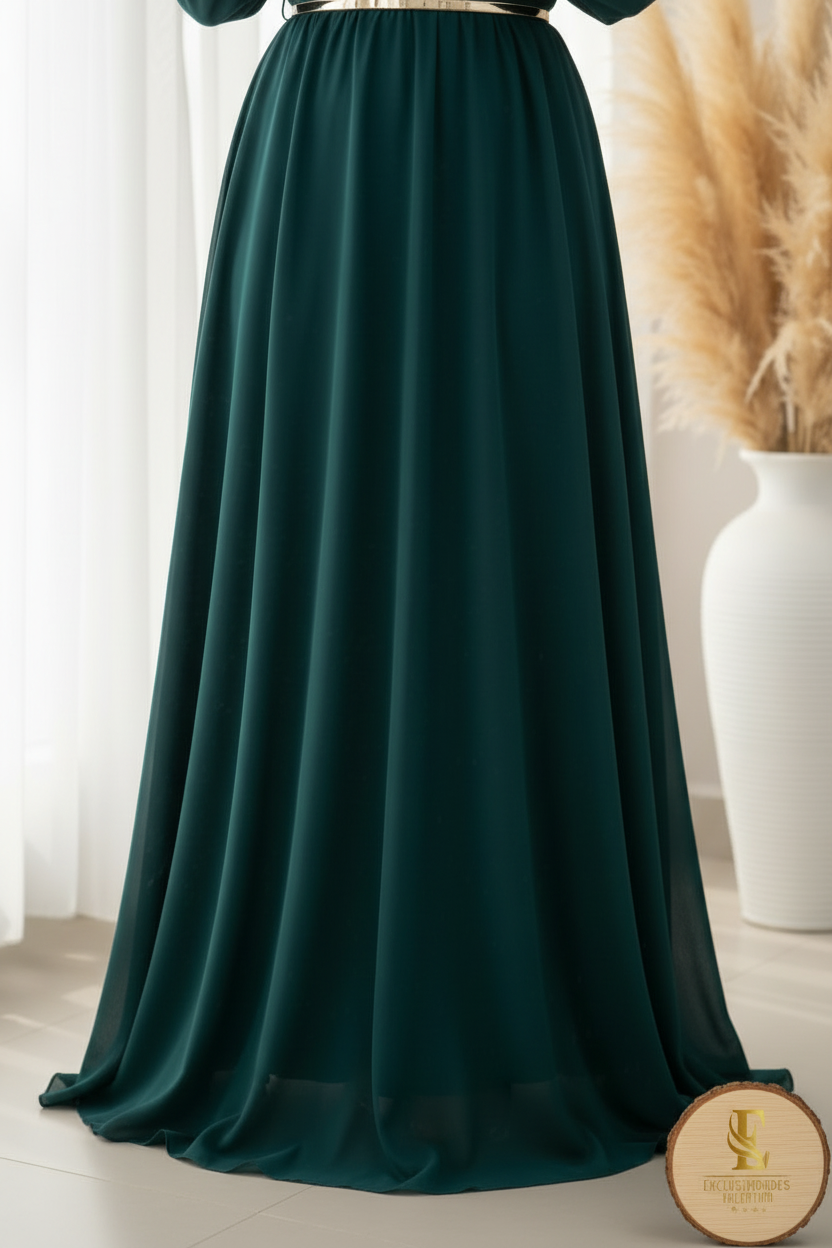 Vestido Verde Teal Chiffon Mangas Puff Cinturón Dorado cod.0092