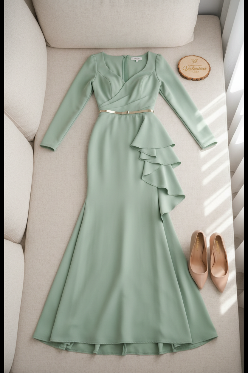 Vestido Sage Green Ruffle – Gown Verde Menta Manga Larga Escote V con Volantes en Cascada & Cinturón Plateado cod.693