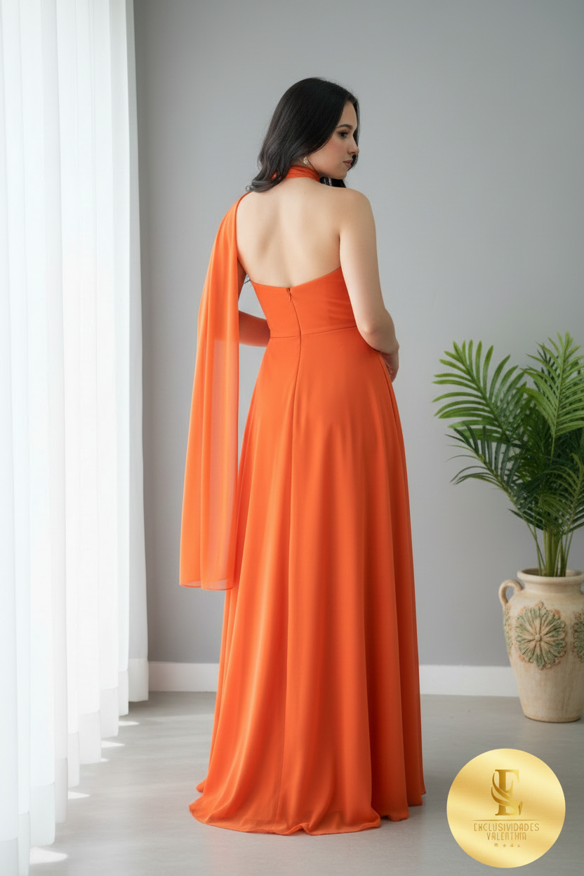 Vestido Naranja Halter Escote Corazón A-Line Abertura cod.00106