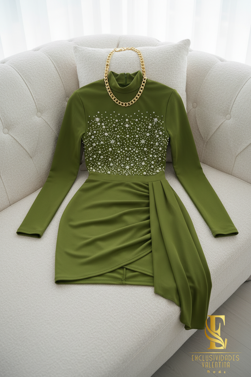 Vestido Verde Oliva Manga Larga Perlas cod.V748