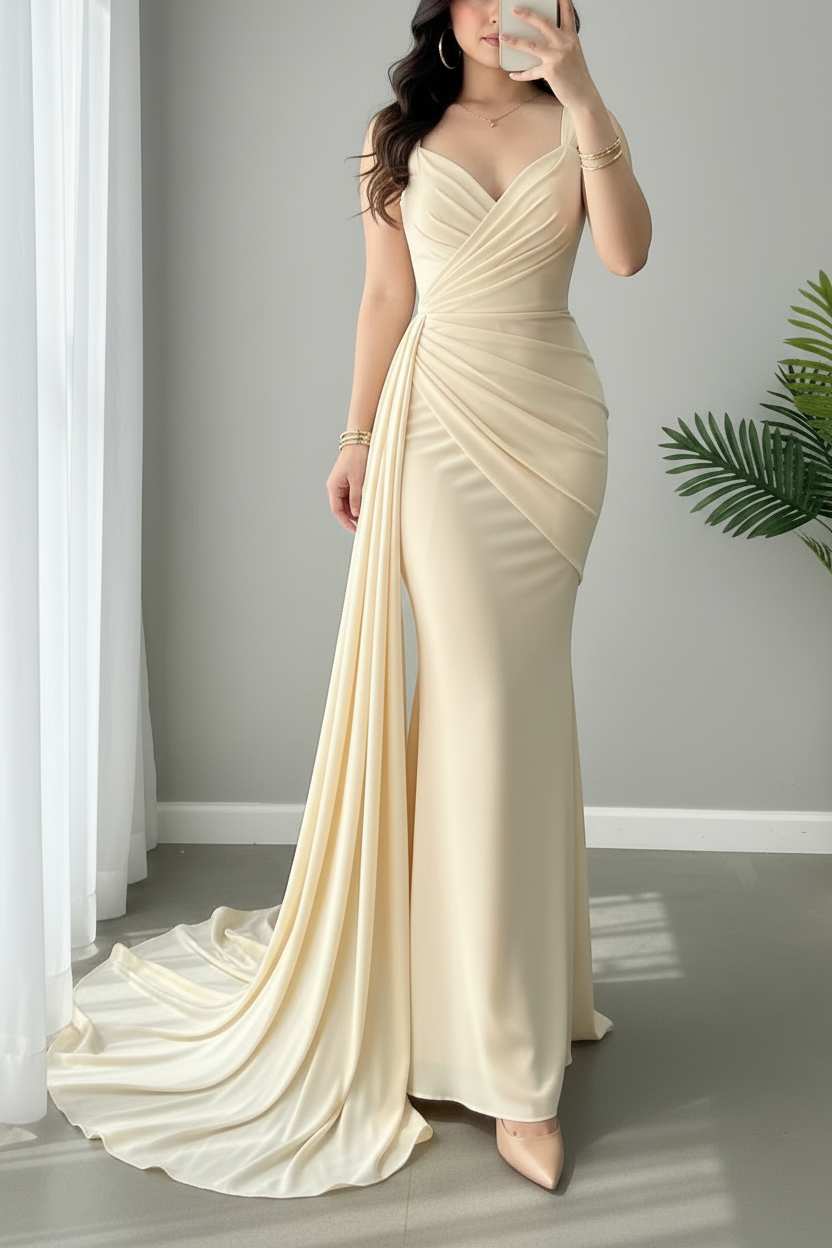Vestido Champagne Ivory Sirena con Train Lateral cod.956