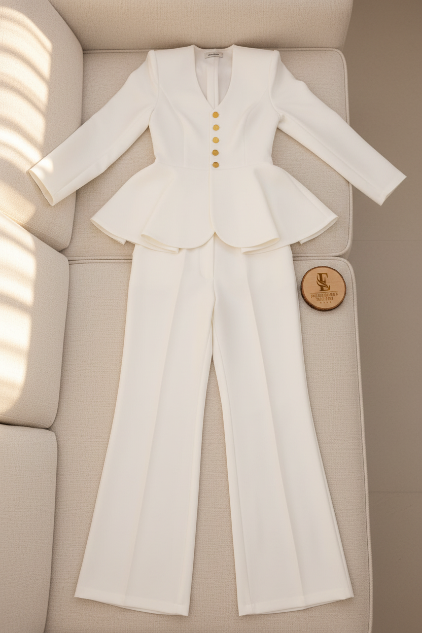 Conjunto Dos Piezas Blanco Perla — Blazer Peplum Botones Dorados & Pantalón Palazzo cod.902