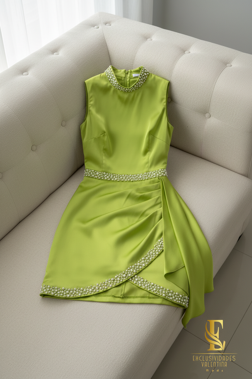Vestido Verde Lima Perlas Drapeado cod.V746
