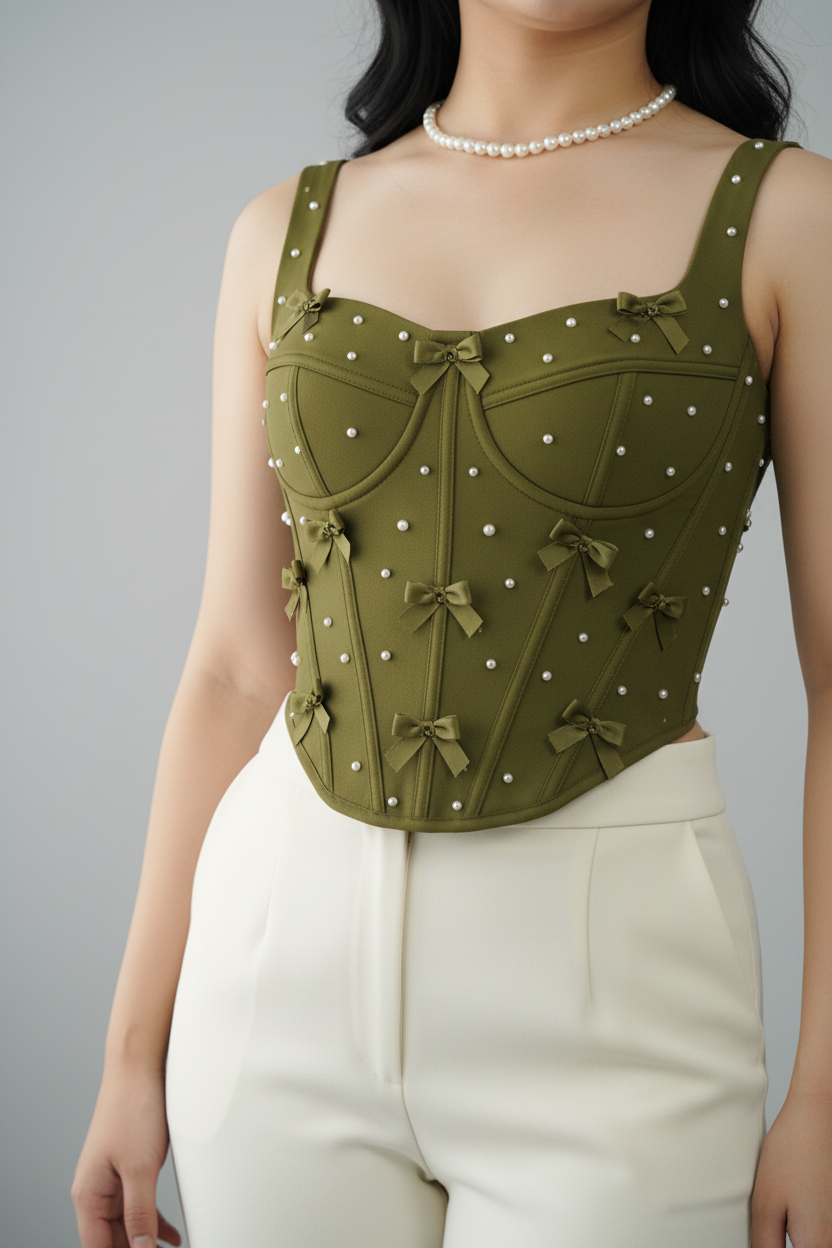 Conjunto Corset Verde Oliva con Lazos y Perlas y Pantalón Recto Crema cod.739