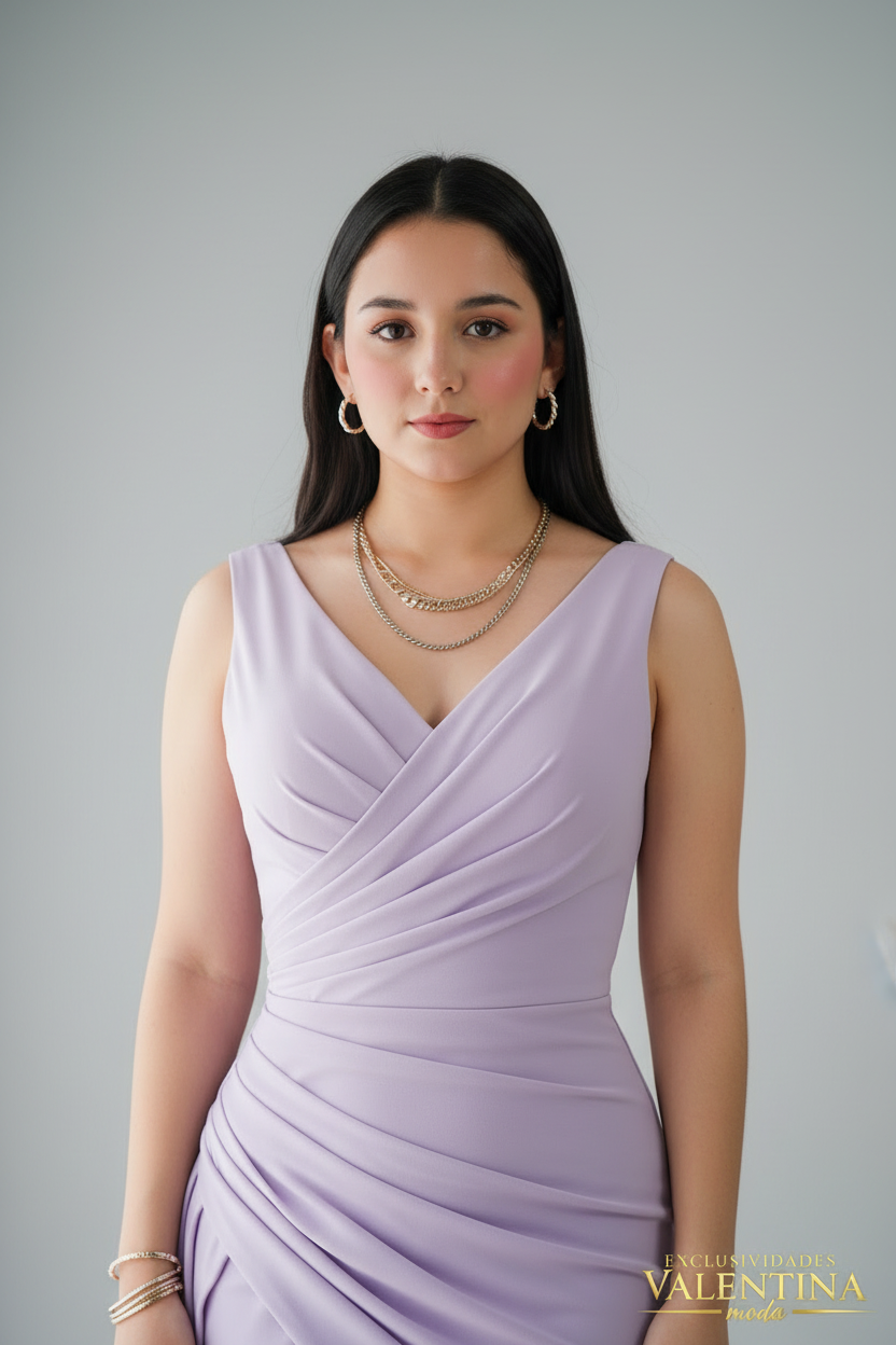 Vestido Lila Sin Mangas Sirena con Escote V y Volante Lateral cod.525