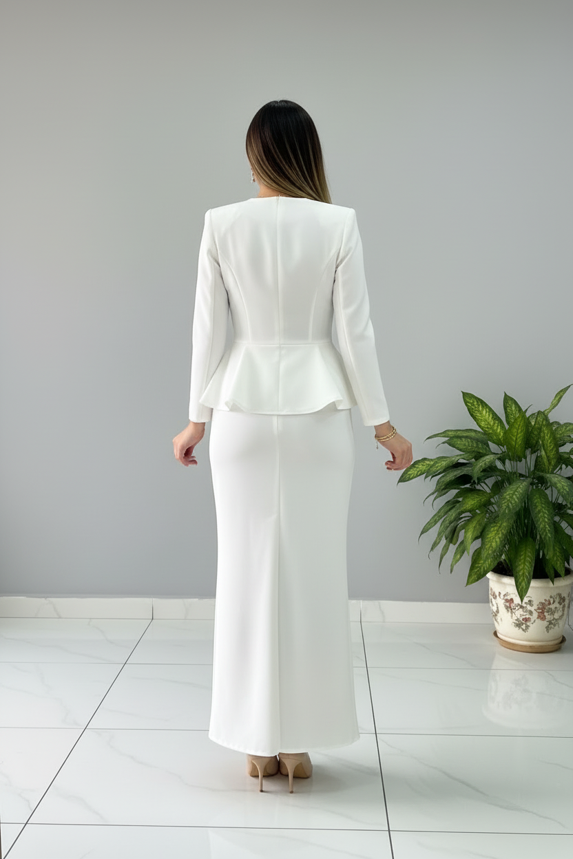 Conjunto Elegante Blanco Blazer Peplum con Falda Maxi cod.506