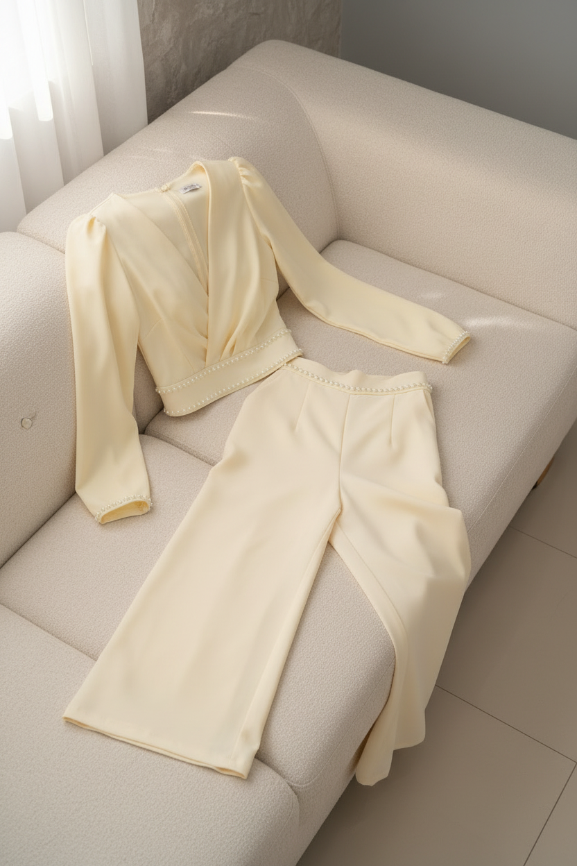 Conjunto Dos Piezas Crema Marfil B. Cruzada con Perlas y P. Palazzo cod.C606