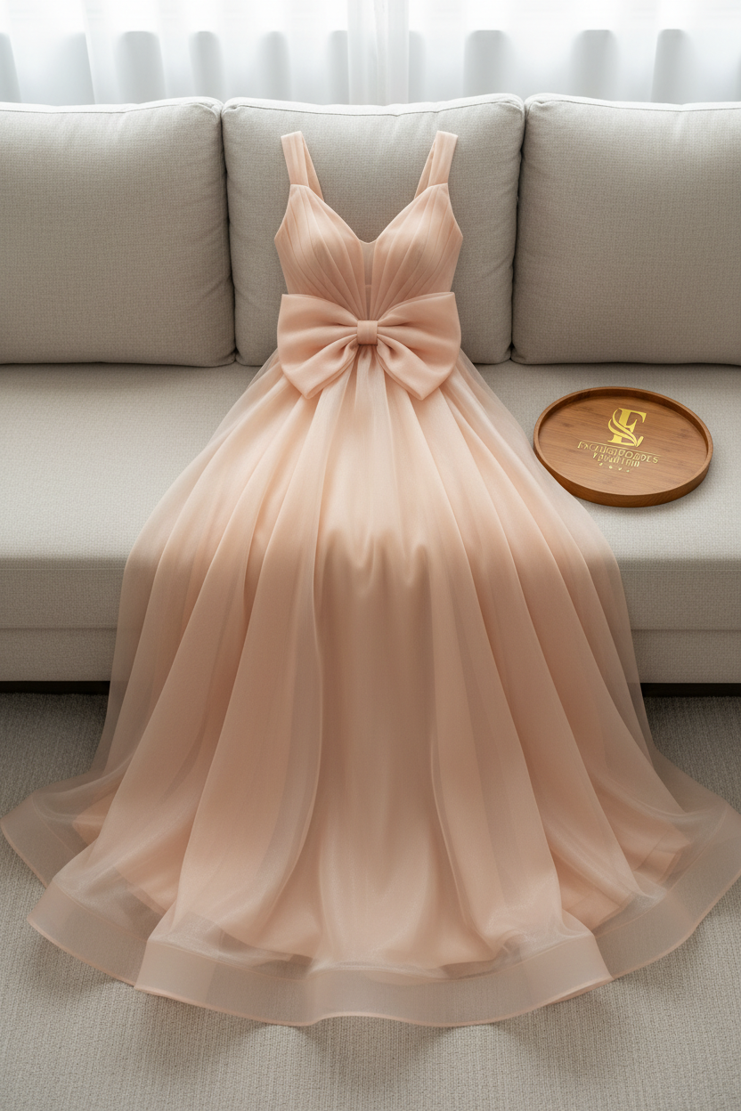 Vestido Melocotón Organza Maxi con Lazo Oversized y Abertura Frontal cod.984