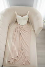 Conjunto Corset Crema Tul Perlas + Falda Nude Drapeada | C-019