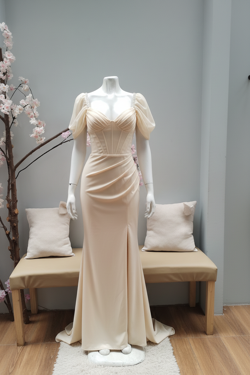 Vestido Champagne Corset Manga Globo cod.V416