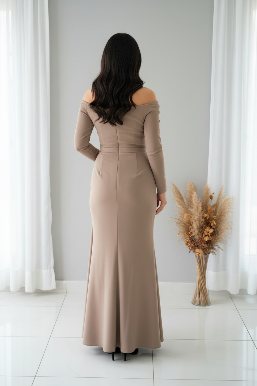 Vestido Taupe Hombro Caído Drapeado V311