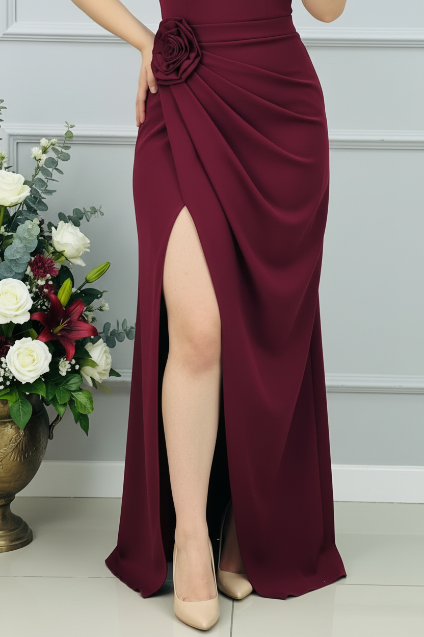 Vestido Vino Tinto Un Hombro Rosas 3D Perlas Abertura cod.V0022