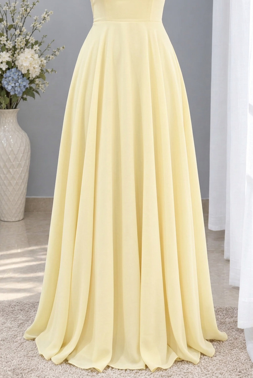 Vestido largo amarillo suave escote V con flor al hombro cod. VC024