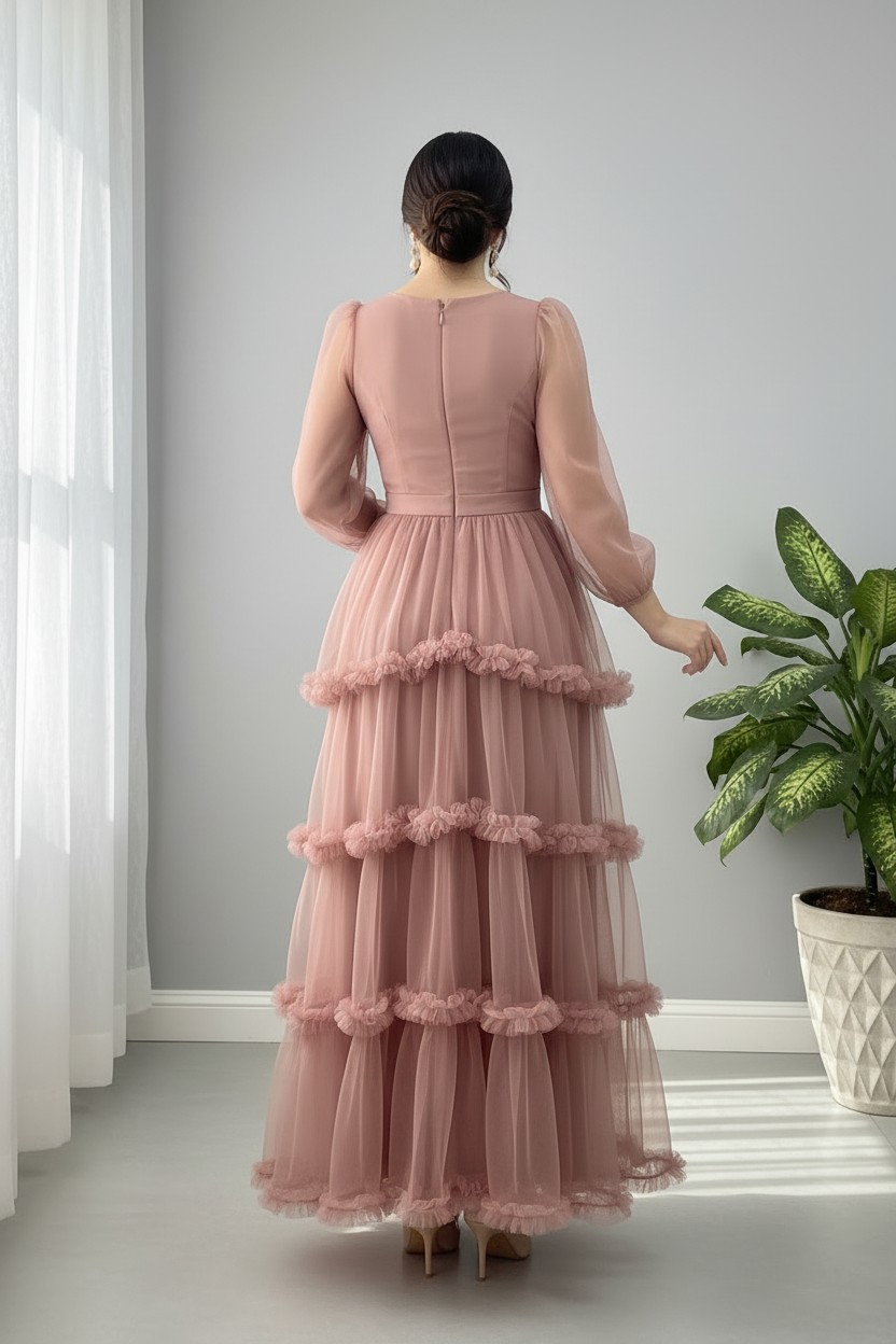 Vestido Rosa Palo Mauve Tul Manga Abullonada Escote V Volantes Cascada cod.827