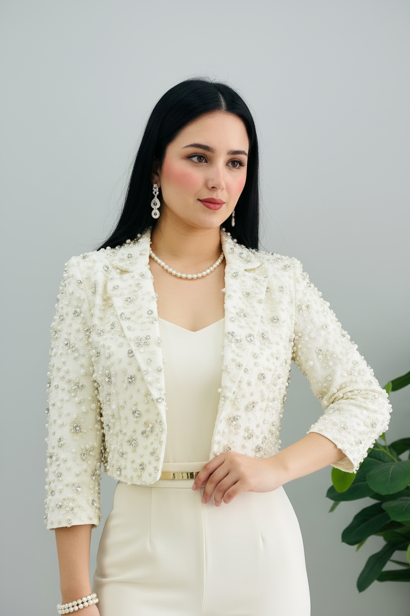 Conjunto Crema Blazer Flores de Perlas y Cristales cod.642