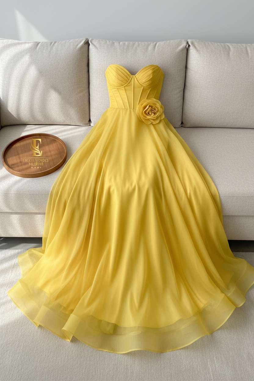 Vestido Amarillo Sol Strapless Corsé con Rosa 3D y Falda Organza Maxi cod.981
