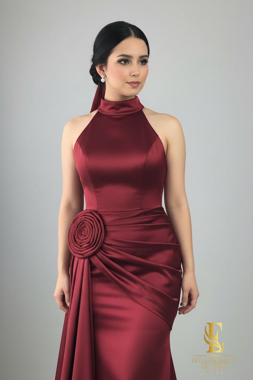 Vestido Sirena Borgoña Halter con Rosa Espiral y Espalda Descubierta cod.V248
