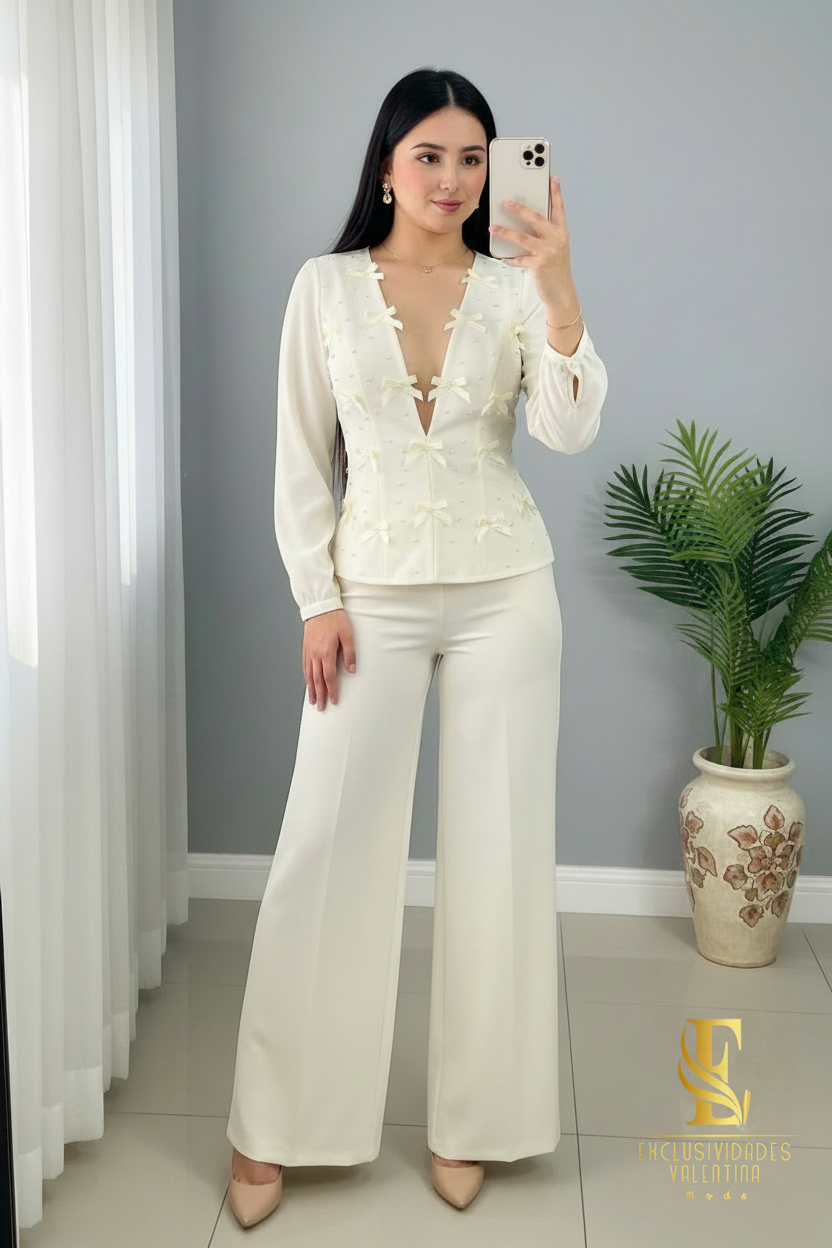 Conjunto Marfil — Top Lazos 3D & Palazzo cod.0042