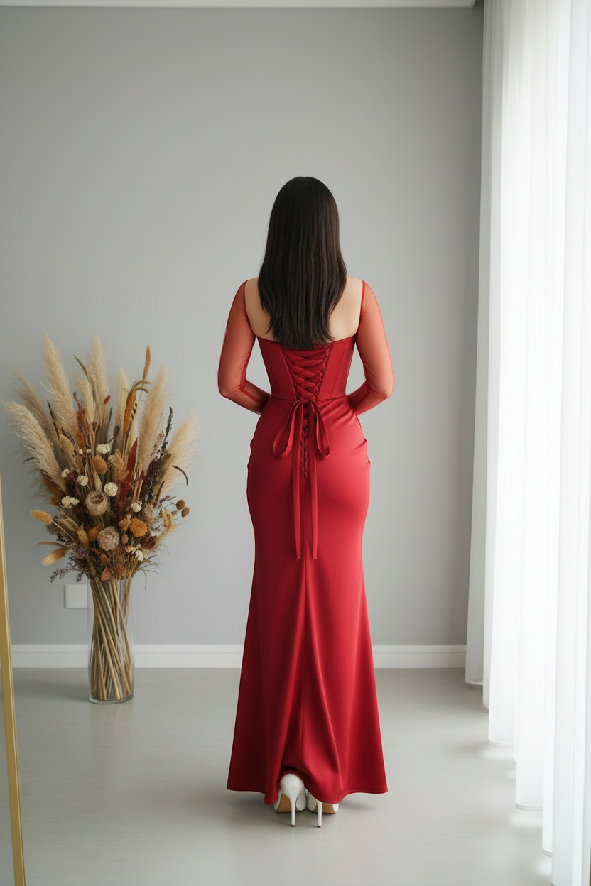 Vestido Rojo Manga Tul Asimétrica Rosa 3D Sirena cod.V431