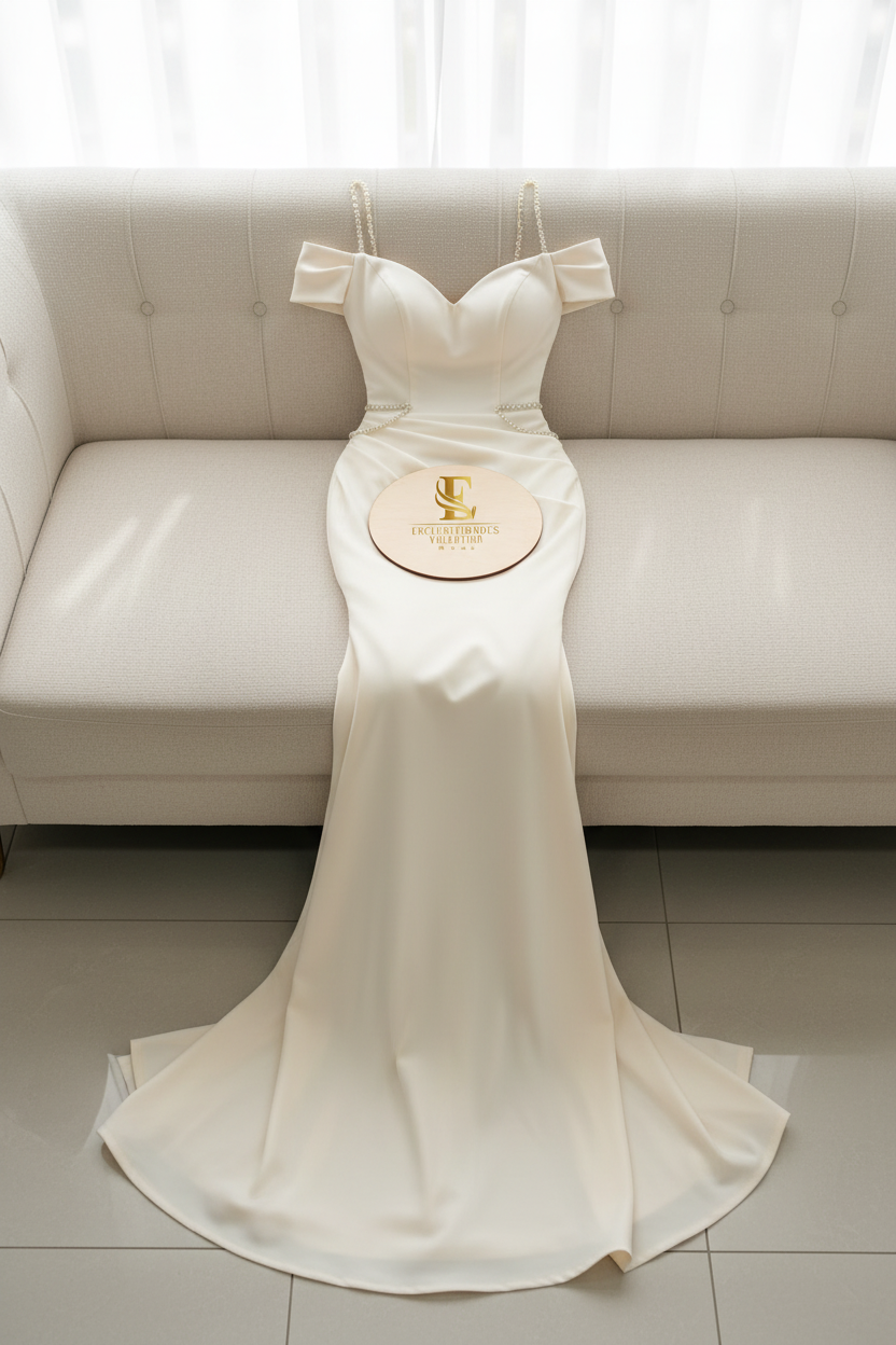 Vestido Marfil Sirena Off-Shoulder con Tirantes y Cadenas de Perlas cod.0070