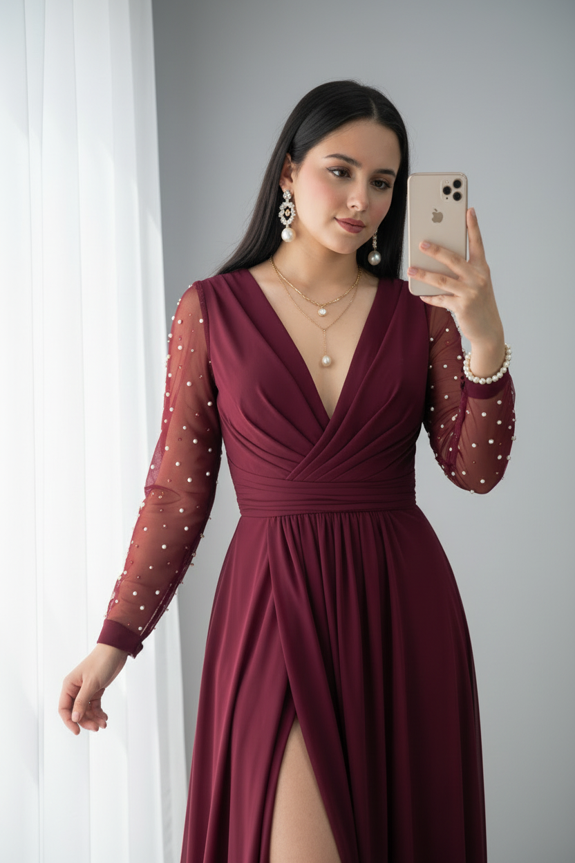 Vestido Vino Borgoña Manga Larga Tul Perlas Abertura cod.V694
