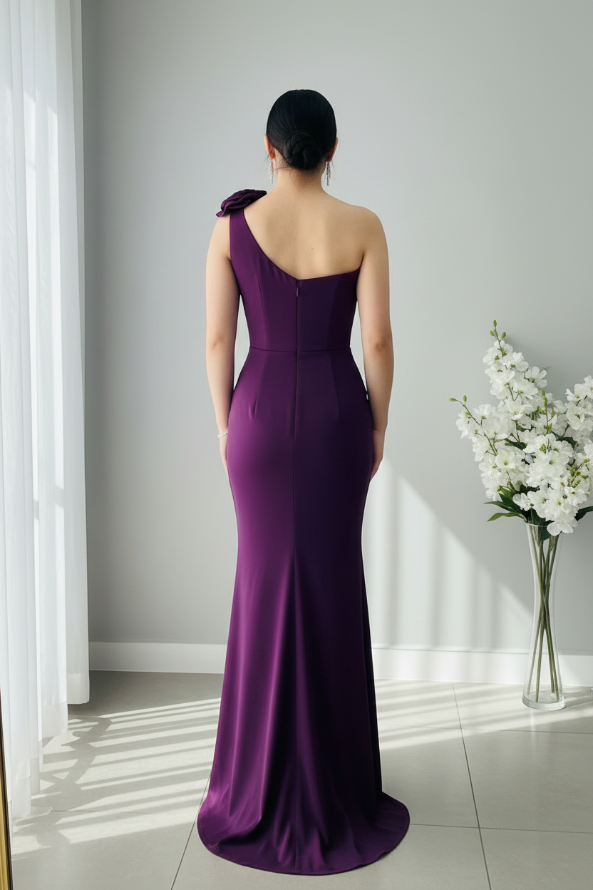 Vestido Morado Uva Un Hombro Rosa 3D Corsé Perlas cod.V0060