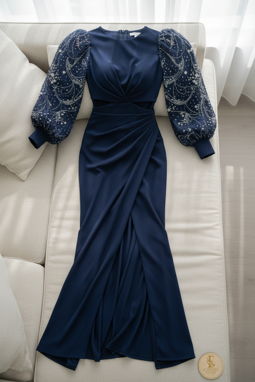 Vestido Azul Marino Mangas Bordadas con Abertura cod.712