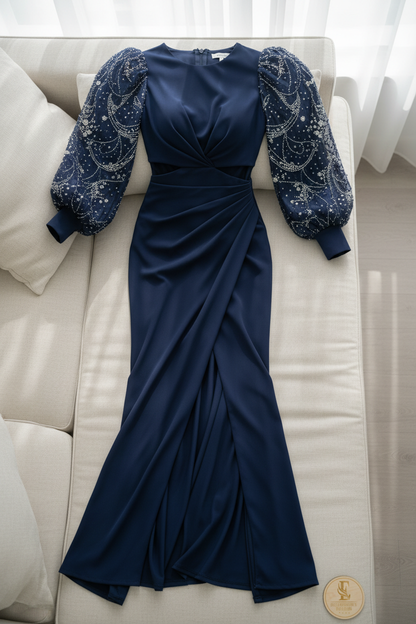 Vestido Azul Marino Mangas Bordadas con Abertura cod.712