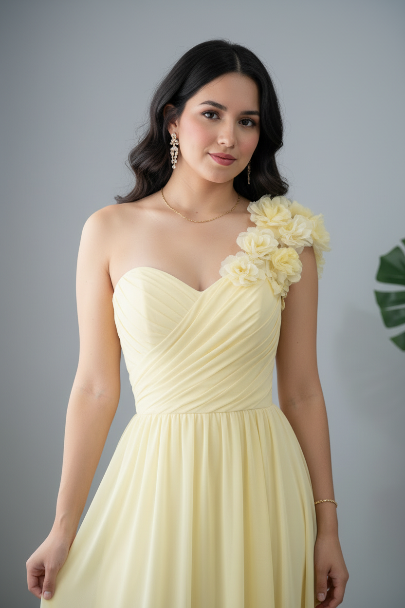 Vestido Amarillo Pastel Un Hombro con Flores 3D y Falda Chiffon Línea A cod.V611