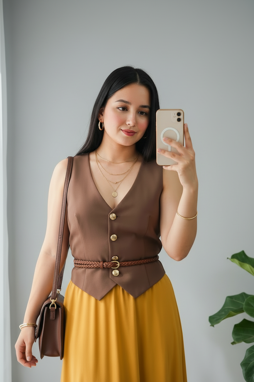 Conjunto Chaleco Café con Falda Mostaza cod.753