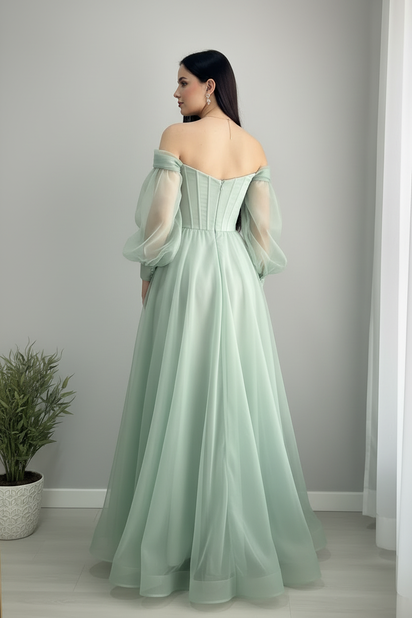 Vestido Verde Menta Off-Shoulder Manga Bishop Tul Maxi cod.978