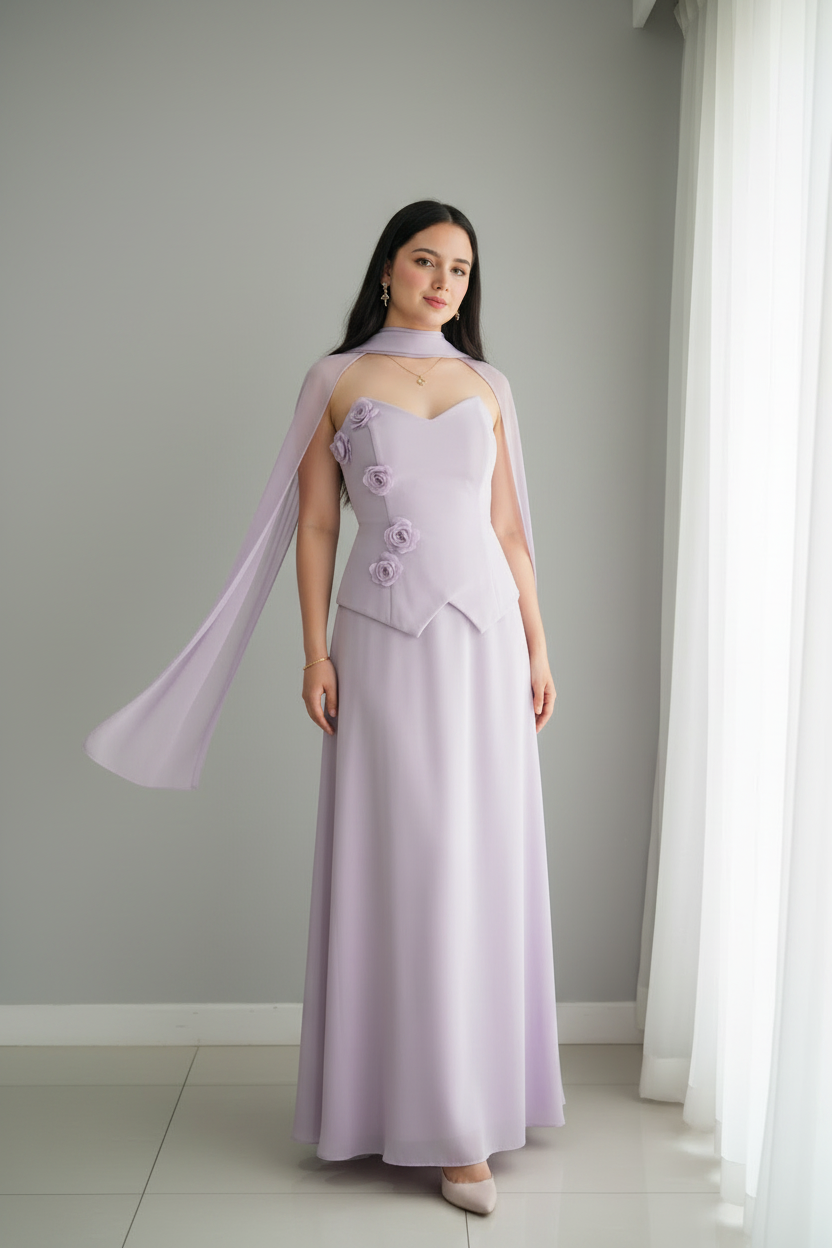 Conjunto Lila Lavanda Corset con Rosas 3D y Capa