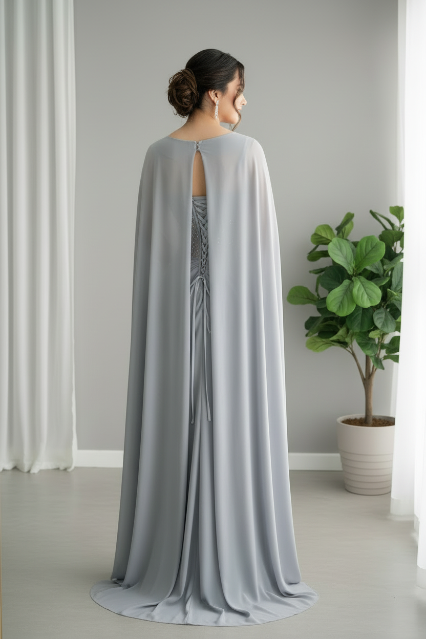 Vestido Gris con Capa y Rosa D cod.714