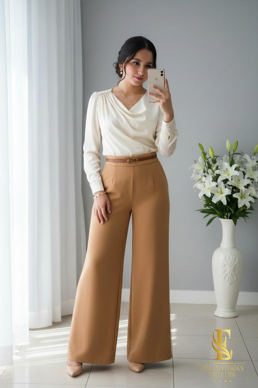 Conjunto Crema Camel | Blusa Cowl Neck Manga Larga y Palazzo cod.C448