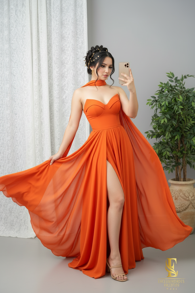 Vestido Naranja Terracota Strapless con Tira al Cuello y Abertura Alta cod.0076