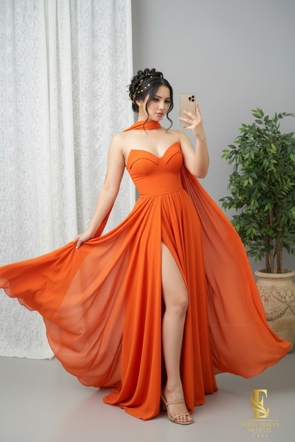 Vestido Naranja Terracota Strapless con Tira al Cuello y Abertura Alta cod.0076