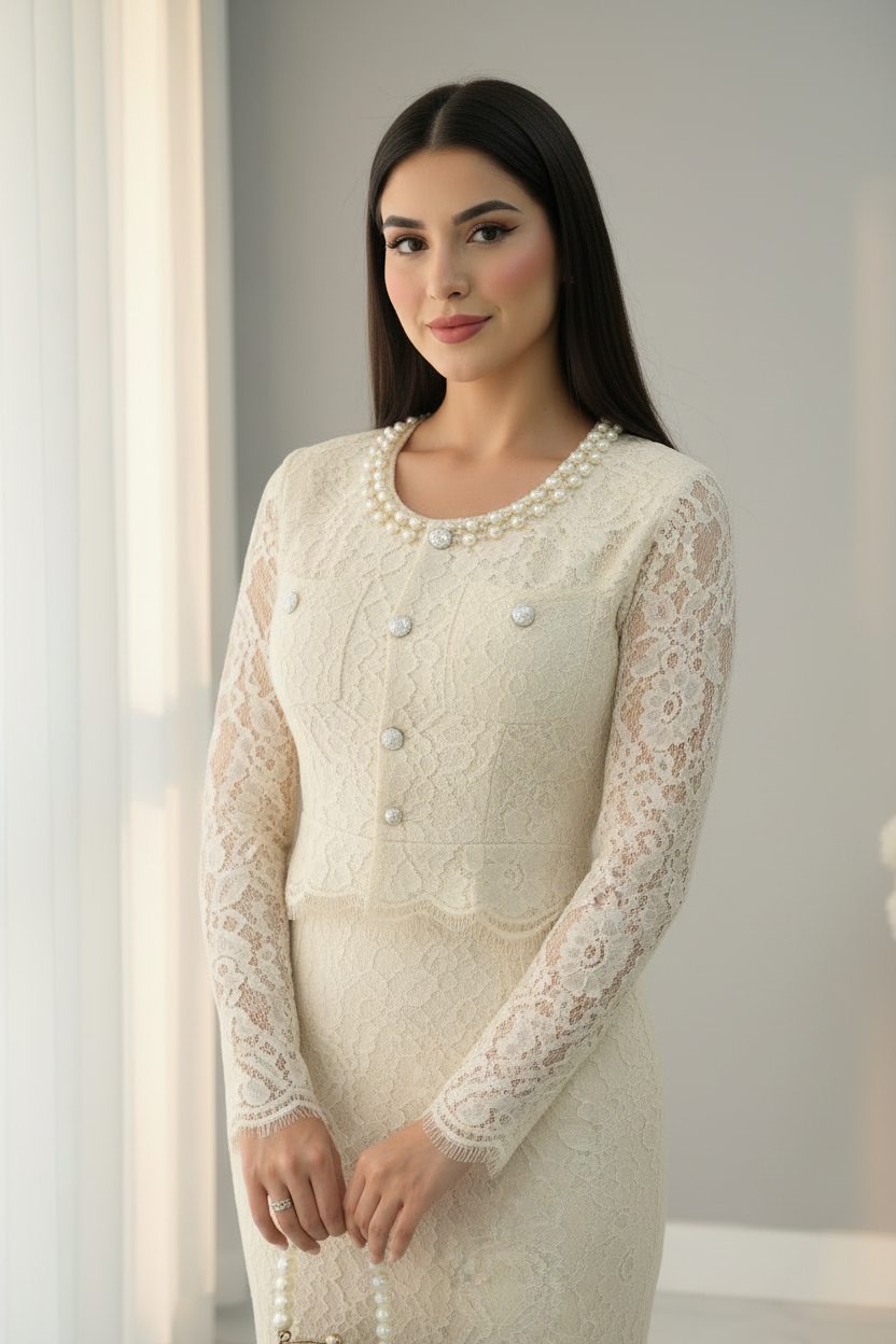 Conjunto Dos Piezas Encaje Ivory Estilo Chanel con Perlas cod.C9379