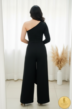 Enterizo Negro One-Shoulder Palazzo Hebilla Cristales Cierre Invisible cod.00105