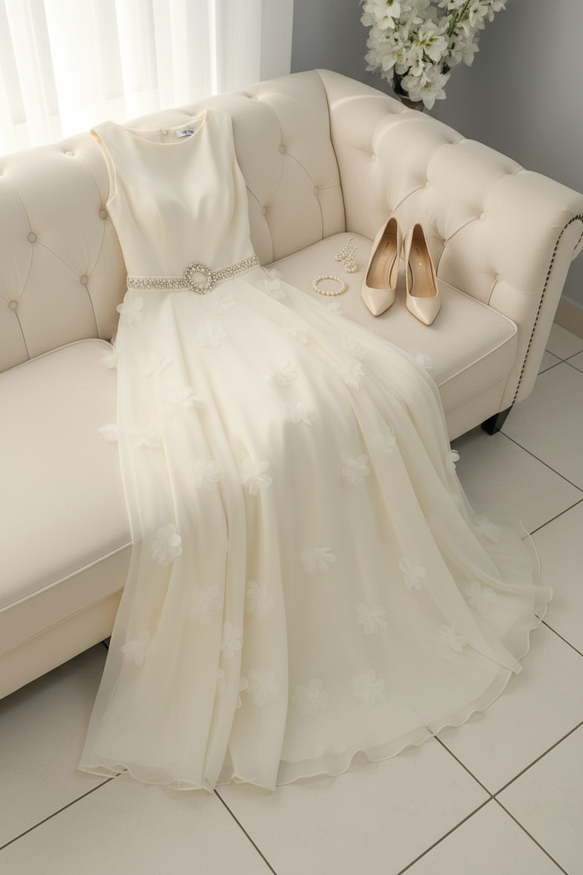 Vestido Ivory A-Line Sin Mangas con Pétalos 3D cod.V548
