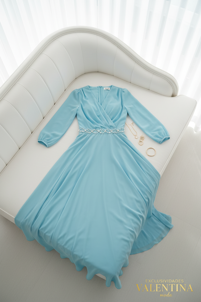 Vestido Largo Azul Cielo Manga Larga cod.704